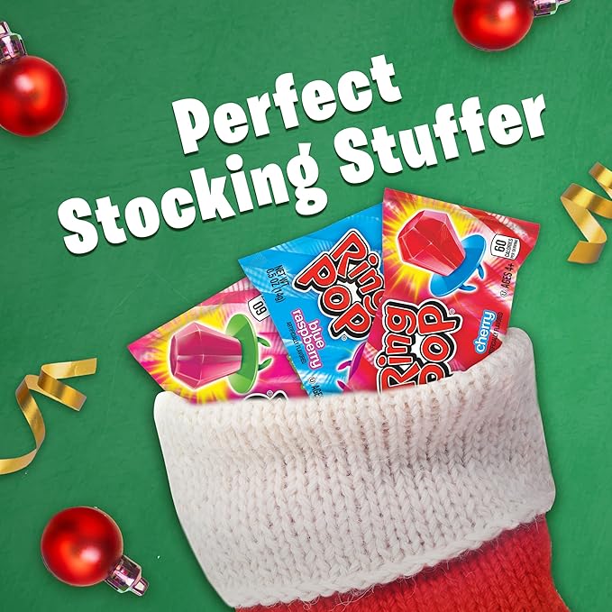 Ring Pop Candy, Christmas Lollipops, 50 Ct Party Favors in Assorted Fruity Flavors - Full Size, Bulk Variety Pack, Individually Wrapped Hard Candy For Stocking Stuffers, Holiday Candy Bowls, Gifts
