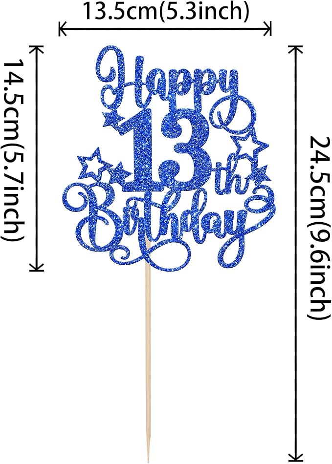 1 PCS Happy 13th Birthday Cake Topper Glitter Cheers to 13 Years Birthday Cake Pick Hello 13 Fabulous Cake Decoration for Happy 13th Birthday Anniversary Party Decorations Supplies Blue