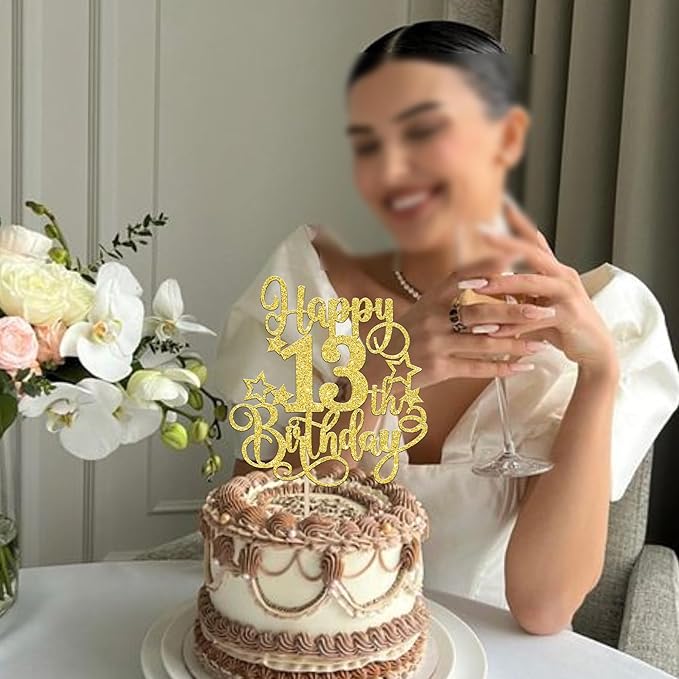 1 PCS Happy 13th Birthday Cake Topper Glitter Cheers to 13 Years Birthday Cake Pick Hello 13 Fabulous Cake Decoration for Happy 13th Birthday Anniversary Party Decorations Supplies Gold