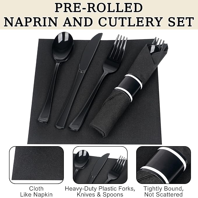 50 Pack Pre Rolled Black Plastic Silverware Set,Wrapped Plastic Cutlery Set with Napkin Include 50 Forks,50 Spoons,50 Knives and 50 Black Napkins for Party,Wedding
