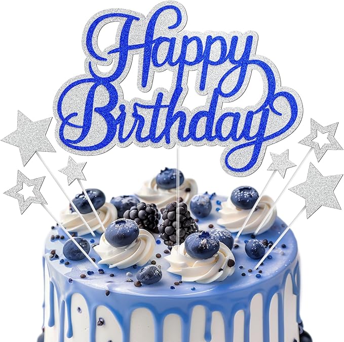 Happy Birthday Cake Toppers, Silver Blue, 7 Pieces, Glitter Cake Decorations for Boys Girls