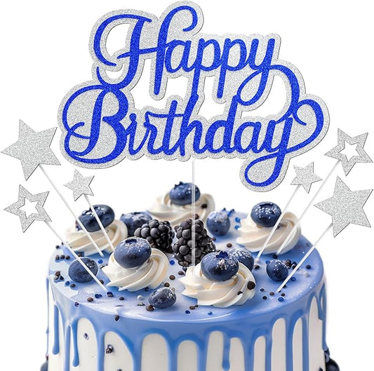 Happy Birthday Cake Toppers, Silver Blue, 7 Pieces, Glitter Cake Decorations for Boys Girls