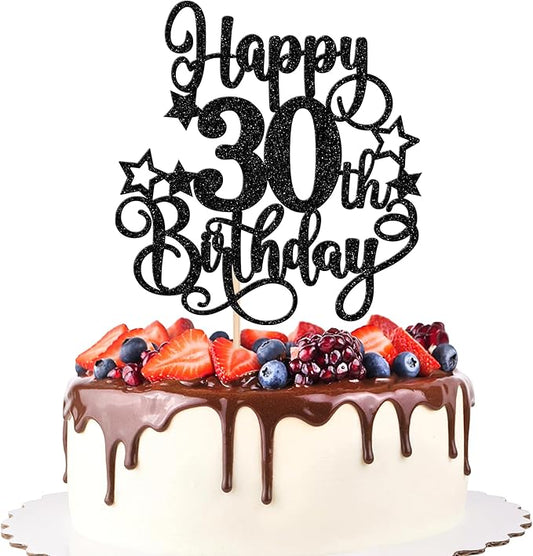 1 PCS Happy 30th Birthday Cake Topper Glitter Cheers to 30 Years Birthday Cake Pick Hello 30 Fabulous Cake Decoration for Happy 30th Birthday Anniversary Party Decorations Supplies Black