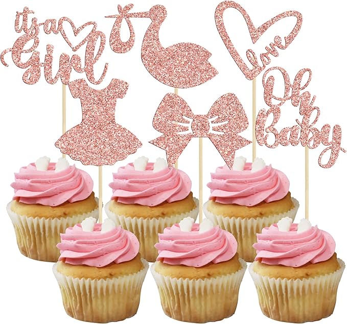 Gyufise 36 Pack Oh Baby Cupcake Toppers It's a Girl Cupcake Toppers with Bow Dress Love Heart Rose Gold Glitter Cake Picks Decorations for Baby Shower Girl Birthday Party Supplies