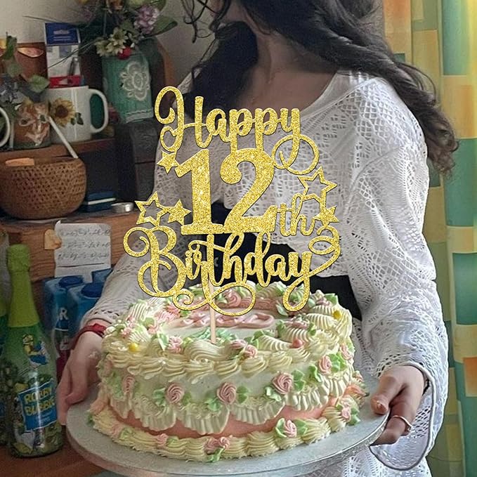 1 PCS Happy 12th Birthday Cake Topper Glitter Cheers to 12 Years Birthday Cake Pick Hello 12 Fabulous Cake Decoration for Happy 12th Birthday Anniversary Party Decorations Supplies Gold