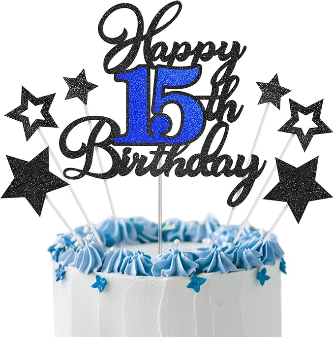 Happy 15th Birthday Cake Toppers, Black Blue Glitter Cake Decorations Set, 15th Birthday Decor, Birthday Anniversary Party Decorations Supplies