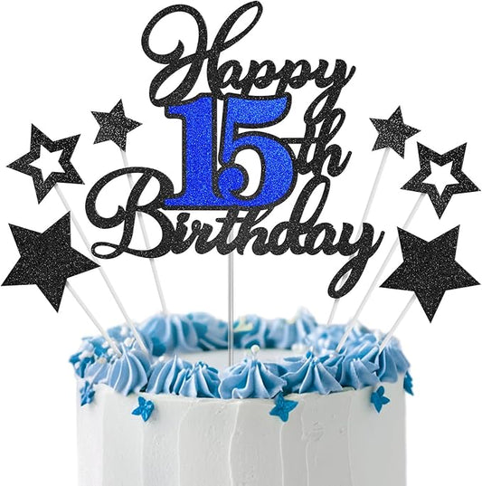 Happy 15th Birthday Cake Toppers, Black Blue Glitter Cake Decorations Set, 15th Birthday Decor, Birthday Anniversary Party Decorations Supplies