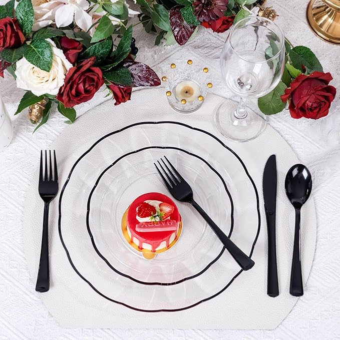 Supernal 300 Pieces Black Plastic Silverware Disposable Cutlery Black Disposable Silverware Heavy Duty Plastic Cutlery Set 100 Forks 100 Knives 100 Spoons for Wedding Party Supplies Everyday Use