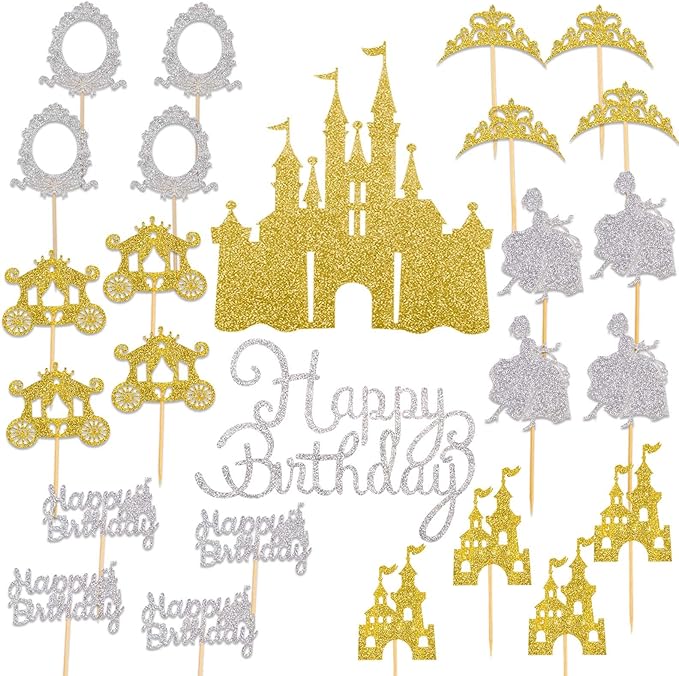 26pcs Gold Castle Cake Toppers Glitter Princess Prom Crown Cupcake Toppers for Princess Birthday Party Decorations Baby Shower Cake Decorations Supplies