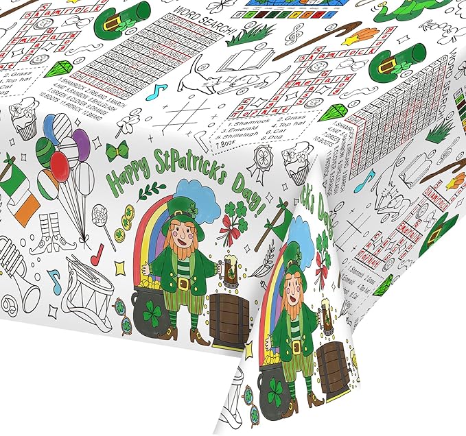 Gatherfun St. Patrick's Day Party Supplies Color-in Disposable Paper Tablecloth | 54x88 in St. Patrick's Day Party Decorations Set for Kids Birthday, School & Special Events
