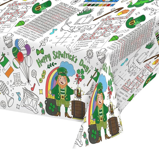 Gatherfun St. Patrick's Day Party Supplies Color-in Disposable Paper Tablecloth | 54x88 in St. Patrick's Day Party Decorations Set for Kids Birthday, School & Special Events