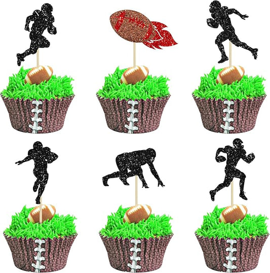 24Pcs Rugby Ball Cupcake Toppers Football Players Sport Cupcake Picks Super Rugby Sports Theme Baby Shower Birthday Party Cake Decorations Supplies