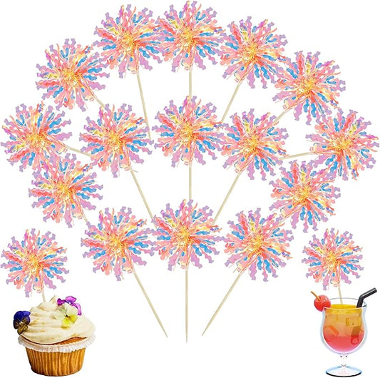 Ephlyn 30Pcs Foil Firework Cupcake Toppers Happy Birthday Cake Toppers Tinsel Flower Drink Stirrers Cocktail Food Fruit Toothpicks for Valentine's Day Party Decorations Orange