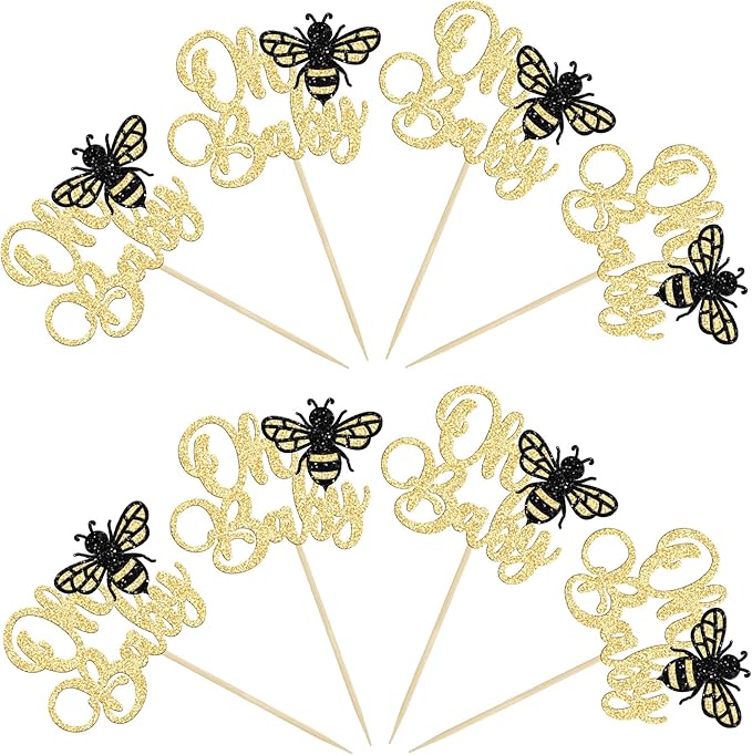 Ephlyn 24Pcs Bumble Bee Cake Toppers, Gold Glitter Cupcake Picks for Birthday, Baby Shower, Kids Party Decorations