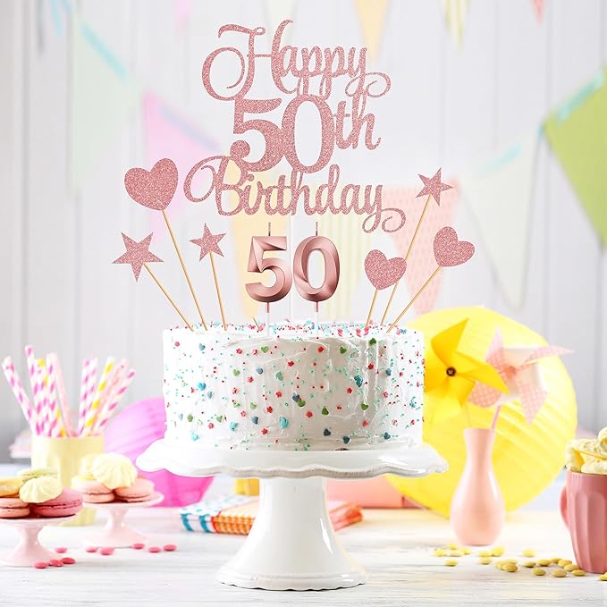 50th Birthday Cake Decorations, 50th Birthday Candles Cake Numeral Candles and Glitter Happy 50th Birthday Cake Toppers Set for Birthday Party Supplies (Rose Gold)