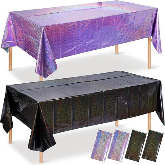 4 Pack Iridescent Black and Purple Plastic Tablecloth 54x108 Inch, Holographic Laser Disposable Table Cover, Rectangle Black and Purple Table Cloth for Halloween Holiday Birthday Party Decorations