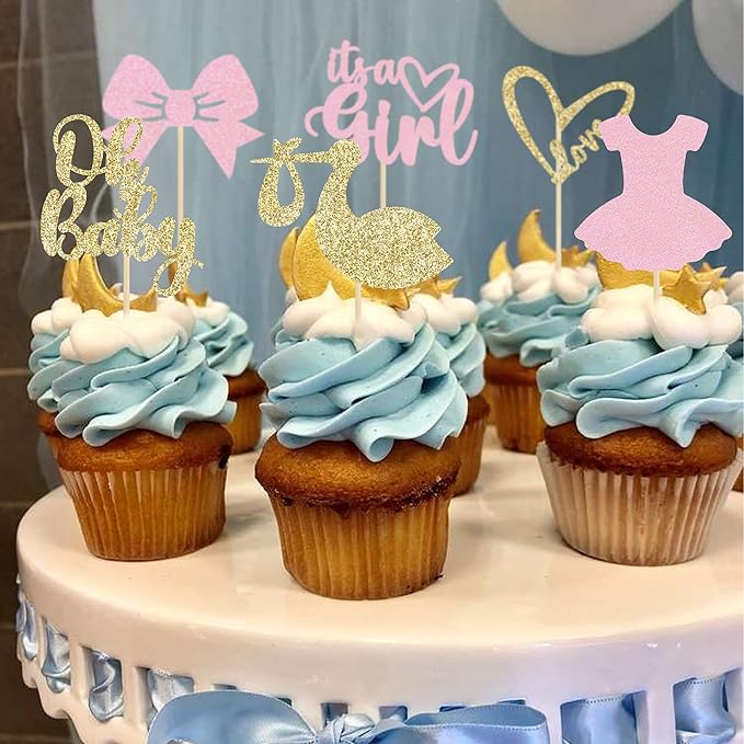 Gyufise 36 Pack Oh Baby Cupcake Toppers It's a Girl Cupcake Toppers with Bow Dress Love Heart Glitter Cake Picks Decorations for Baby Shower Girl Birthday Party Supplies