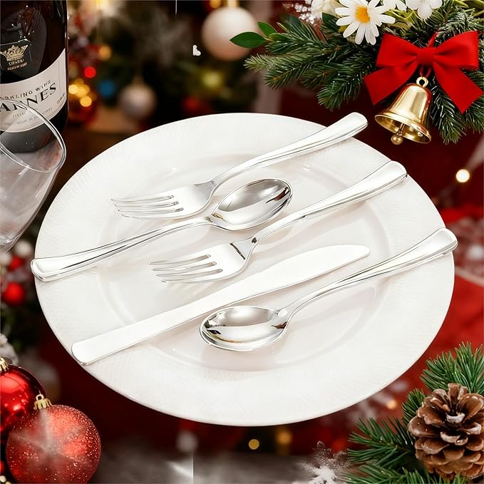 Liacere 100 Pack Silver Plastic Silverware-Pre Wrapped cutlery and Napkin-Pre Rolled Silverware Disposable 100 Forks, 100 Knives 100 Spoons, 100 Napkins Plastic Utensils＆Christmas＆New Year