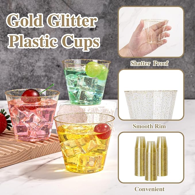 I00000 5oz 200 Pack Shot Glasses, Small Gold Glitter Disposable Plastic Cups,Plastic Party Cups for Vodka, Whiskey, Great Container for Sauce,Medicine and Pudding
