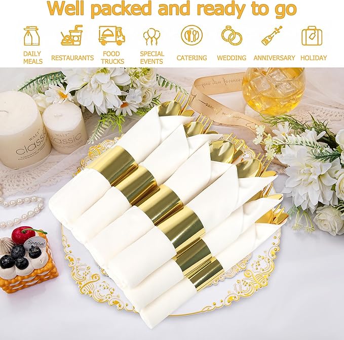 50 Pack Pre Rolled Gold Plastic Silverware Set,Fancy Wrapped Plastic Cutlery Set with Napkin Include 50 Forks,50 Spoons,50 Knives and 50 White Napkins for Party, Wedding,Christmas