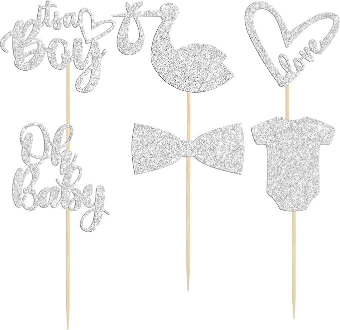 Gyufise 36 Pack Oh Baby Cupcake Toppers It's a Boy Cupcake Toppers with Tie Onesie Love Heart Deep Silver Glitter Babyshower Cake Picks Decorations for Baby Shower Boy Birthday Party Supplies