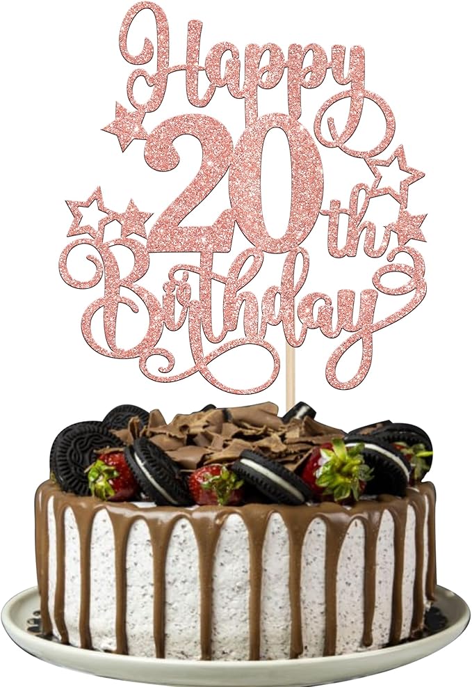 1 PCS Happy 20th Birthday Cake Topper Glitter Cheers to 20 Years Birthday Cake Pick Hello 20 Fabulous Cake Decoration for Happy 20th Birthday Anniversary Party Decorations Supplies Rose Gold
