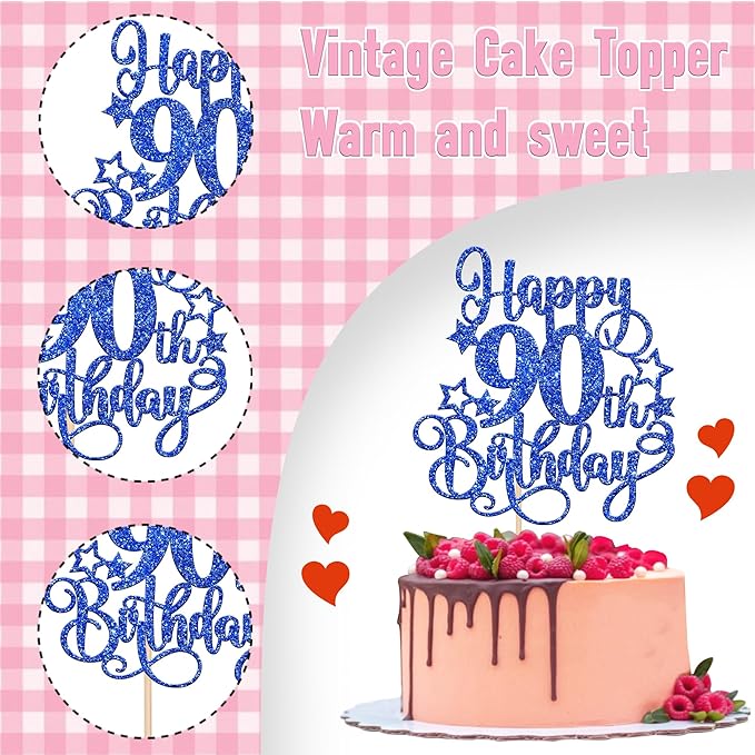 1 PCS Happy 90th Birthday Cake Topper Glitter Cheers to 90 Years Birthday Cake Pick Hello 90 Fabulous Cake Decoration for Happy 90th Birthday Anniversary Party Decorations Supplies Blue