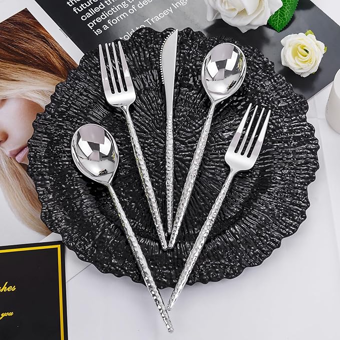 SUT 150PCS Silver Plastic Silverware, Disposable Utensils, Includes 50 Knives, Forks and Spoons, Hammered Silverware Set, Silver Cutlery. Plastic Silverware Heavy Duty for Party/Wedding