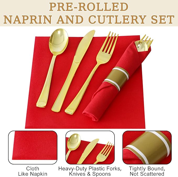 50 Pack Pre Rolled Gold Plastic Silverware Set,Wrapped Plastic Cutlery Set with Napkin Include 50 Forks,50 Spoons,50 Knives and 50 Red Napkins for Party,Wedding,Christmas