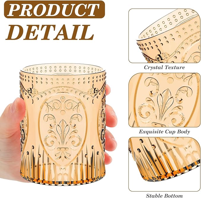 24 Plastic Vintage Drinking Glasses 8.5oz Stemless Retro Embossed Wine Glasses Shatterproof Reusable Cups for Baby Shower Wedding Reception Grand Event Party (Yellow)