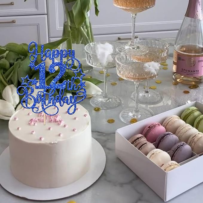 1 PCS Happy 12th Birthday Cake Topper Glitter Cheers to 12 Years Birthday Cake Pick Hello 12 Fabulous Cake Decoration for Happy 12th Birthday Anniversary Party Decorations Supplies Blue