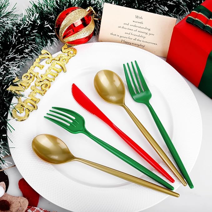 Rubtlamp 180Pcs Christmas Plastic Silverware, Heavy Duty Plastic Utensils, Party Disposable Flatware, Plastic Cutlery Sets Include 60 Green Forks, 60 Brown Gold Plastic Spoons, 60 Red Knives