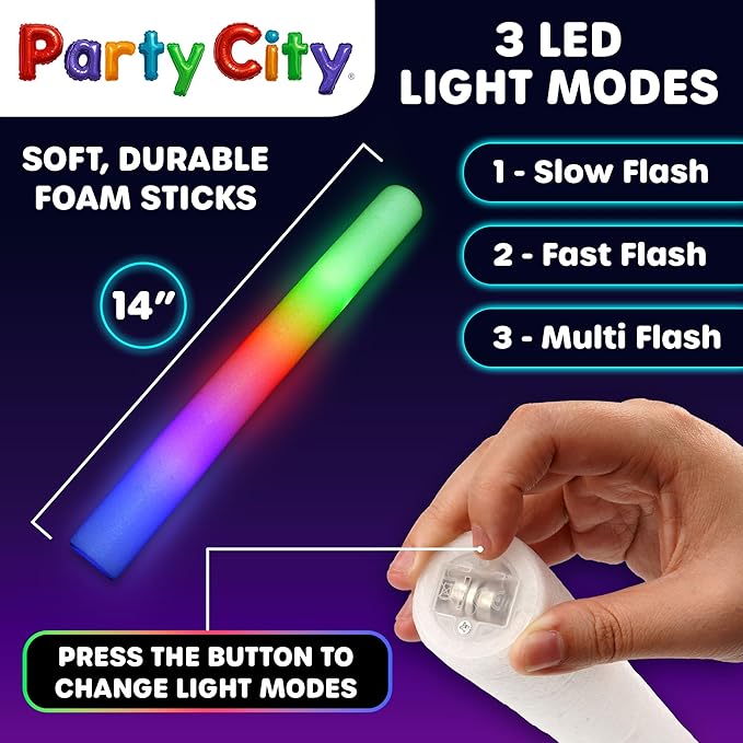 Party City 96pk LED Foam Glow Sticks 14”- Glow in the Dark Party Supplies Favors, Colorful Flashing Wand with 3 Modes, Foam Light Up Sticks Bulk Party Pack for Wedding, Birthday, Concert, Halloween