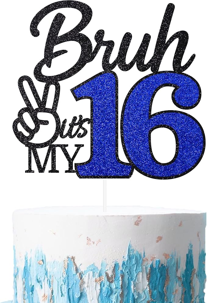 1 Pcs Bruh I'm 16 Cake Topper, Happy 16th Birthday Cake Pick, It's My 16th Birthday Party Decoration For Boys, Funny Boy Cheers To 16 Year Party Supply(Blue & Black)