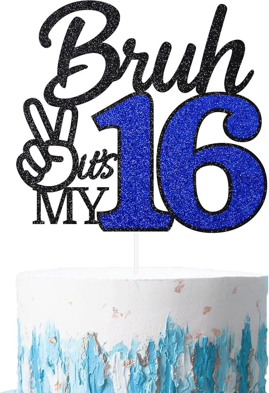 1 Pcs Bruh I'm 16 Cake Topper, Happy 16th Birthday Cake Pick, It's My 16th Birthday Party Decoration For Boys, Funny Boy Cheers To 16 Year Party Supply(Blue & Black)