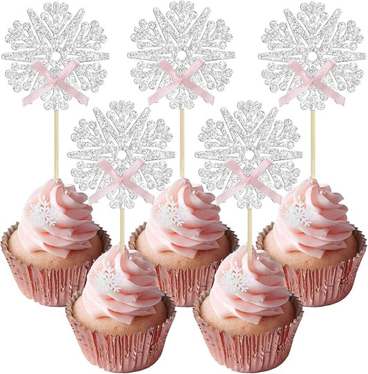 24Pcs Snowflake Cupcake Toppers Glitter Snowflake Cupcake Picks Frozen Pink Bow Snowflake Gender Reveal Cake Decors Baby Shower Gender Reveal Winter Theme Christmas Party Cake Decor Supplies