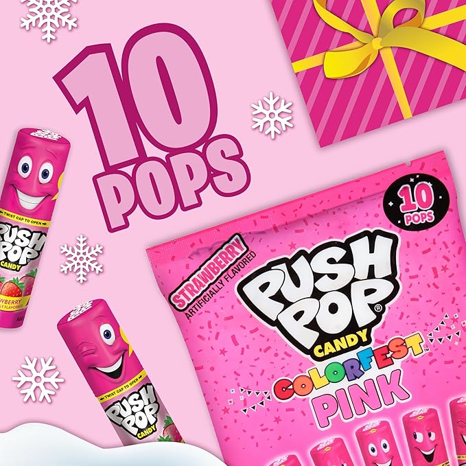 Push Pop Pink Candy Lollipops, 10 Ct Individually Wrapped Christmas Candy in Pink Strawberry Flavor, Full Size, Fun Lollipops For Stocking Stuffers, Party Favors, Birthday Parties, Goodie Bags