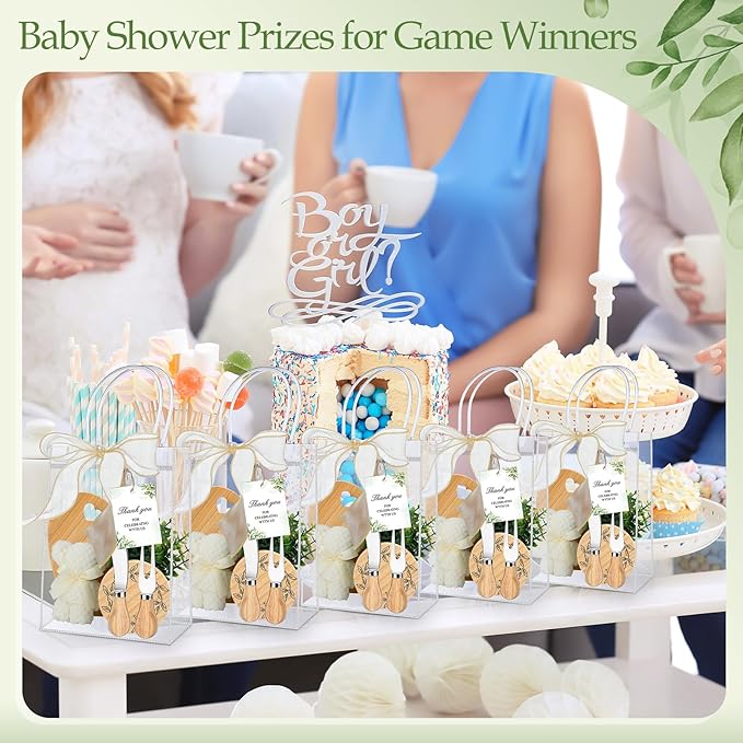 Honeydak 49 Pcs Baby Shower Prizes for Game Players 6 Sets Bamboo Cheese Board Fork Knives Coasters Towel Artificial Potted Plant Thanks Card Gift Bag for Baby Bridal Shower Wedding Favors (Heart)