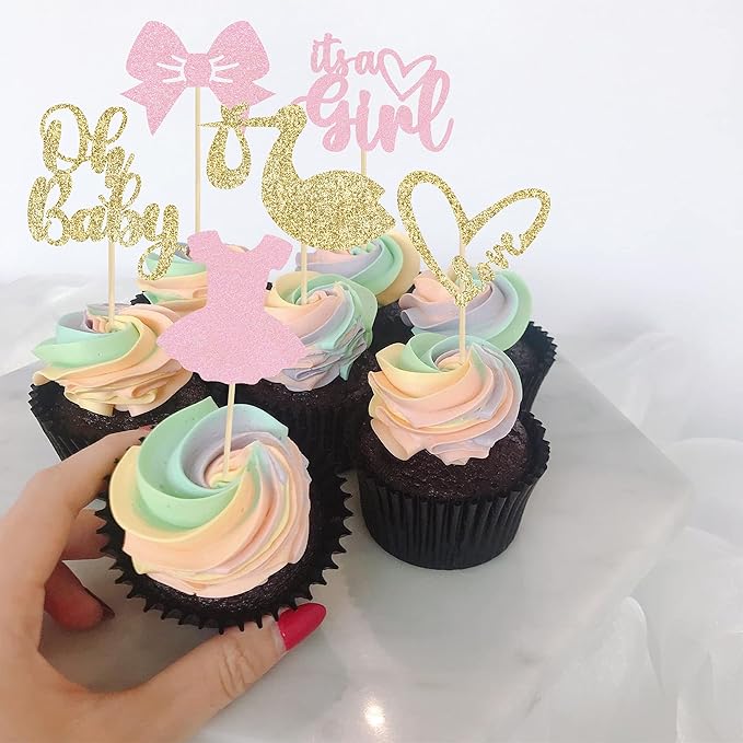 Gyufise 36 Pack Oh Baby Cupcake Toppers It's a Girl Cupcake Toppers with Bow Dress Love Heart Glitter Cake Picks Decorations for Baby Shower Girl Birthday Party Supplies