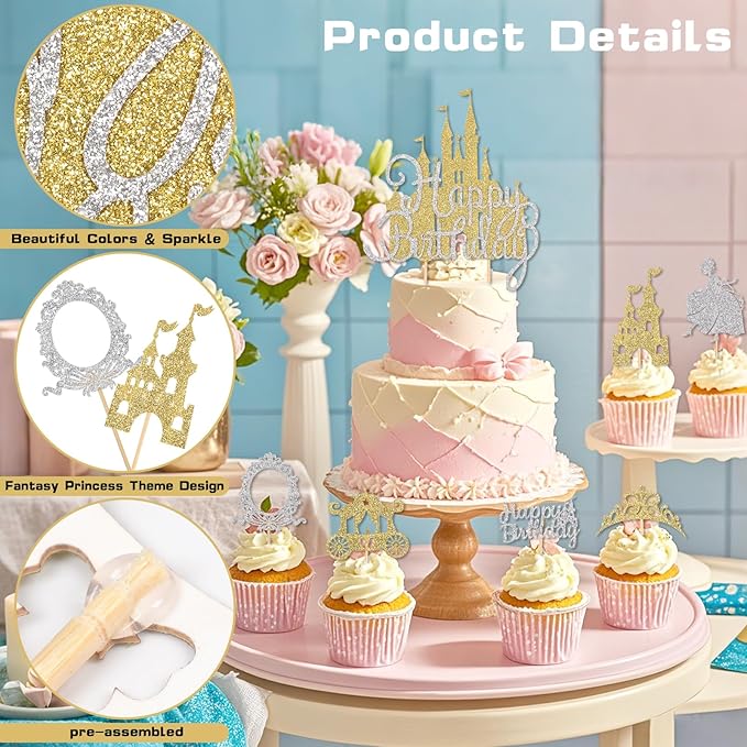 26pcs Gold Castle Cake Toppers Glitter Princess Prom Crown Cupcake Toppers for Princess Birthday Party Decorations Baby Shower Cake Decorations Supplies