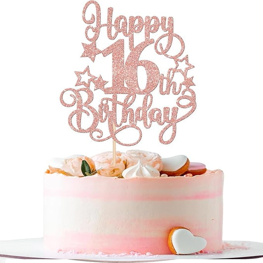 1 PCS Happy 16th Birthday Cake Topper Glitter Cheers to 16 Years Birthday Cake Pick Hello 16 Fabulous Cake Decoration for Happy 16th Birthday Anniversary Party Decorations Supplies Rose Gold