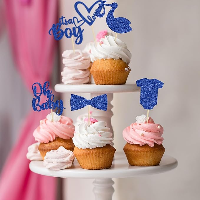 Gyufise 36 Pack Oh Baby Cupcake Toppers It's a Boy Cupcake Toppers with Tie Onesie Love Heart Deep Blue Glitter Babyshower Cake Picks Decorations for Baby Shower Boy Birthday Party Supplies