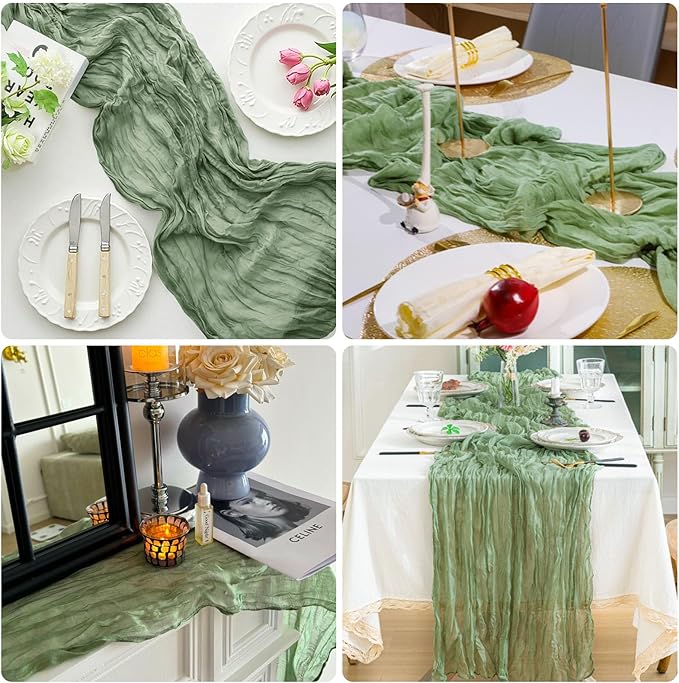1 Pack Cheesecloth Table Runner Rustic Sheer Boho Gauze 35 x 120 Inch Centerpiece Cheese Cloth for Bridal Baby Shower Summer Spring Decorations Sage Green