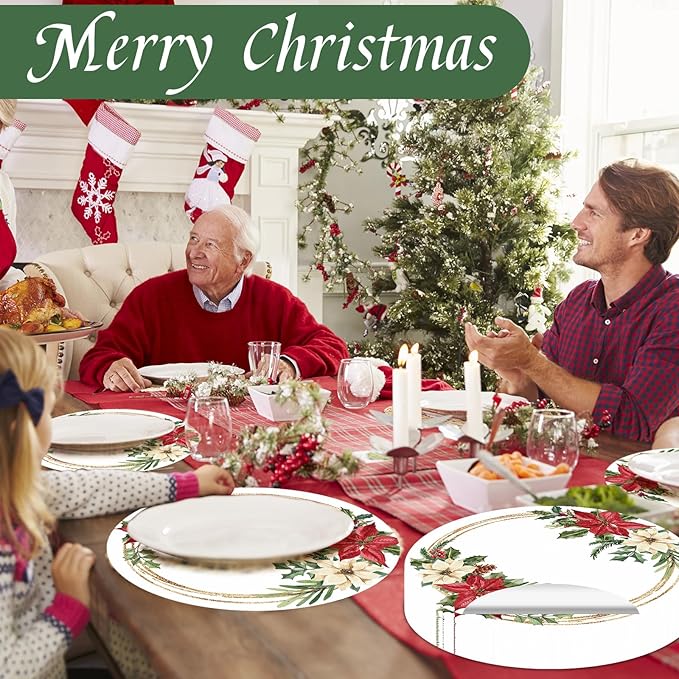 50 Pack Christmas Paper Placemats Disposable Poinsettia Place Mats 13.4 Inch Red Christmas Flower Decorative Round Table Mats for Xmas Winter Birthday Wedding Baby Shower Party Supplies