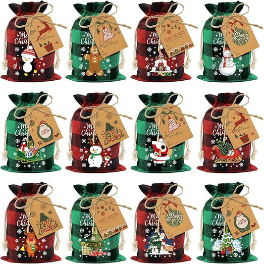 Aviski 120PCS Cotton Small Christmas Drawstring Candy Treat Bags Buffalo Plaid Xmas Xmas Christmas Fabric Goody Gift Sacks Reusable Gift Wrapping Bags Holiday Party Favors - Red/Green