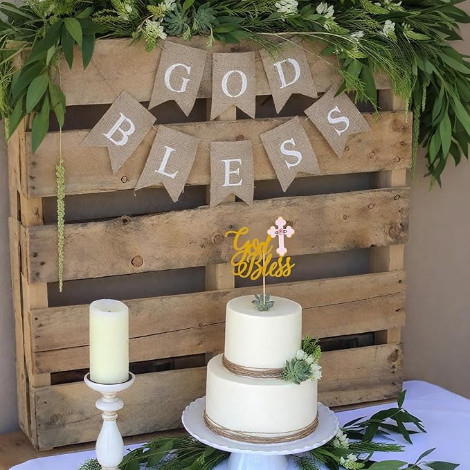 Gold God Bless Cake Topper - Glitter Baptism and Christening Communion Cake Topper, Baby Shower Party Cake Decorations (Gold God Bless Cake Topper)