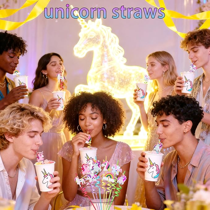 LEDUO 24Pcs Reusable Unicorn Drinking Plastic Straws-Party Supplies-Party Favors Decorations-Rainbow Unicorn Theme Birthday Party Drinking Straw for Kids Girls Boys with 2 Cleaning Brushes