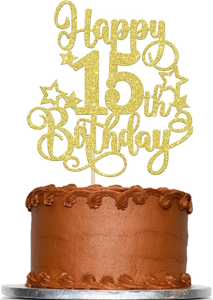 1 PCS Happy 15th Birthday Cake Topper Glitter Cheers to 15 Years Birthday Cake Pick Hello 15 Fabulous Cake Decoration for Happy 15th Birthday Anniversary Party Decorations Supplies Gold