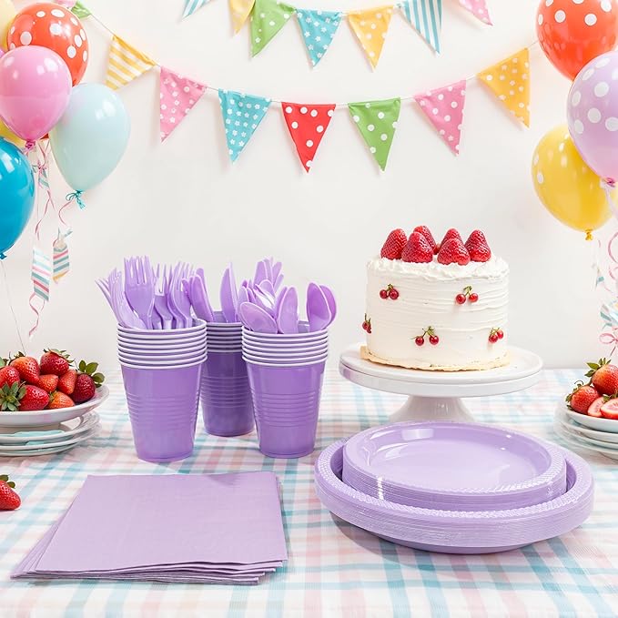 MirthMood 350PCS Lavender Plastic Plates,Lavender Disposable Plates Set – Plastic Plates Set Includes 50 Dinner,50 Dessert Plate,50 Cup&50 Napkins, 50 Lavende Silverware for Wedding & Birthday Parties