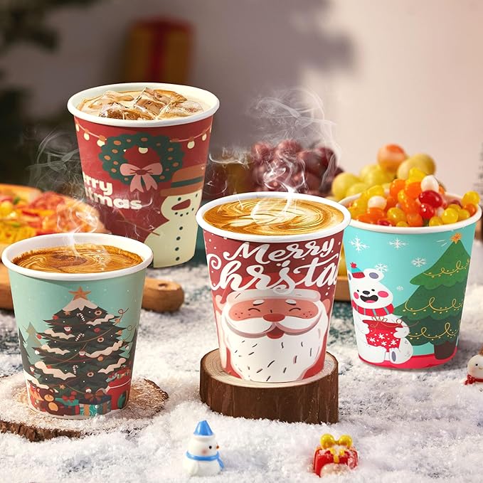 SIUQ 100 Pack 10 oz Christmas Disposable Coffee Cups, Thickened Christmas Paper Cups for Hot/Cold Beverage, Tea, Coffee, Hot Chocolate, Xmas Party Cup Ideal for Home, Cafes, Store, Holiday